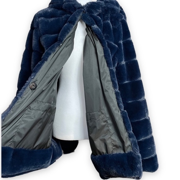 Laundry By Shelli Segal Hooded Faux Fur Coat In Color Blue Size Large - Picture 6 of 9